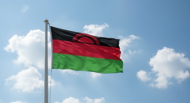 Malawi National Flag Waving on Tall Flagpole in Sky with Clouds – Malawi Independence Day Celebration, Patriotism, Freedom, Malawi Culture & Heritage - Powered by Adobe