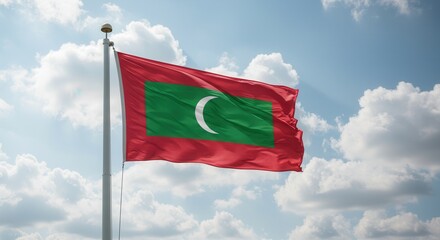 Maldives National Flag Waving on Tall Flagpole in Sky with Clouds – Maldives Independence Day Celebration, Patriotism, Freedom, Maldives Culture & Heritage