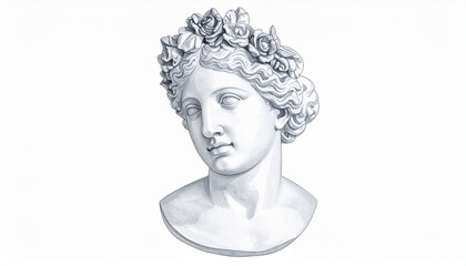 Watercolor painting of marble bust of woman with flowers. Plaster antique sculpture. Hand drawn