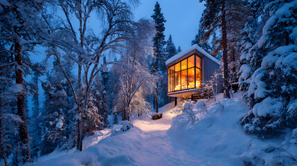 Cozy winter cabin retreat glowing warmly among snow covered trees at twilight evokes peaceful getaway