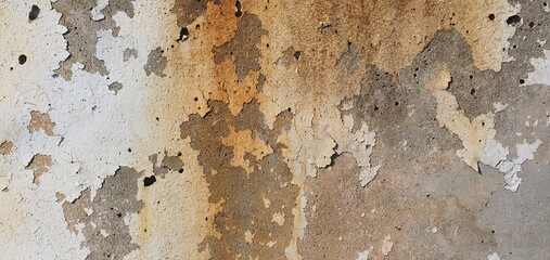 Old weathered wall with peeling paint, rust stains, and rough textured surface, showing decay and urban grunge style