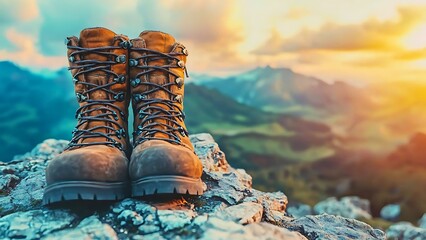 A pair of hiking boots on a mountaintop, ready for adventure, scenic background, showcasing the spirit of exploration