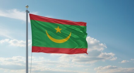 Mauritania National Flag Waving on Tall Flagpole in Sky with Clouds – Mauritania Independence Day Celebration, Patriotism, Freedom, Mauritania Culture & Heritage