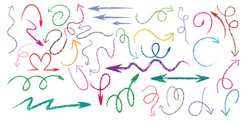 arrow 3d black different direction Sketch chalk pencil texture line kid fun arrow icon. Hand drawn grunge crayon brush sketch direction charcoal element set Vector illustration