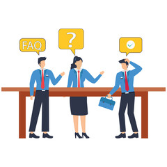 Obraz premium Flat illustration of business people ask question and give answer symbolizing teamwork and problem solving through FAQ discussion stock illustration