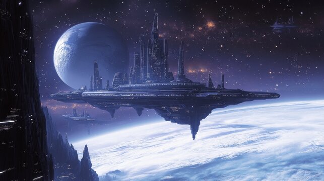 A space city floating above a gas giant planet 