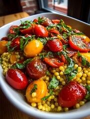 the image depicts a colorful salad served in a white oblong bowl