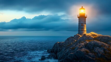 Fototapeta premium A solitary lighthouse stands tall, guiding ships through the dark ocean waters with its bright beacon. The scene evokes feelings of safety and navigation, with a dramatic sky overhead.