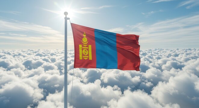 Mongolia National Flag Waving on Tall Flagpole in Sky with Clouds – Mongolia Independence Day Celebration, Patriotism, Freedom, Mongolian Culture & Heritage
