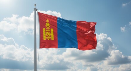 Mongolia National Flag Waving on Tall Flagpole in Sky with Clouds – Mongolia Independence Day Celebration, Patriotism, Freedom, Mongolian Culture & Heritage
