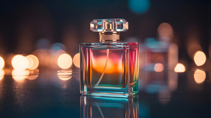 Fragrant Radiance: A captivating display of a perfume bottle, its multicolored liquid shimmering under the gentle glow of bokeh lights.