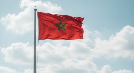 Morocco National Flag Waving on Tall Flagpole in Sky with Clouds – Morocco Independence Day Celebration, Patriotism, Freedom, Morocco Culture & Heritage