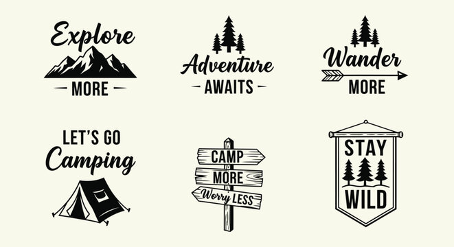 Vector art of collection of outdoor adventure and camping themed graphic designs