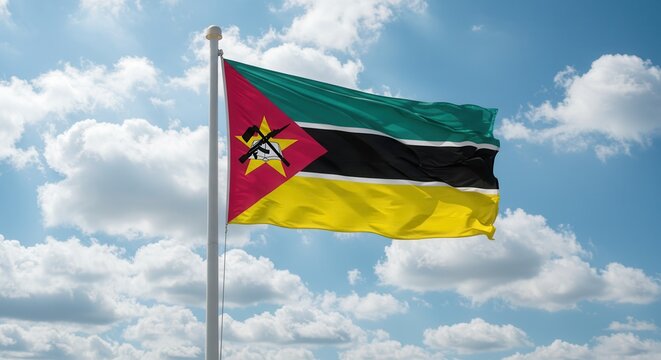 Mozambique National Flag Waving on Tall Flagpole in Sky with Clouds – Mozambique Independence Day Celebration, Patriotism, Freedom, Mozambique Culture & Heritage