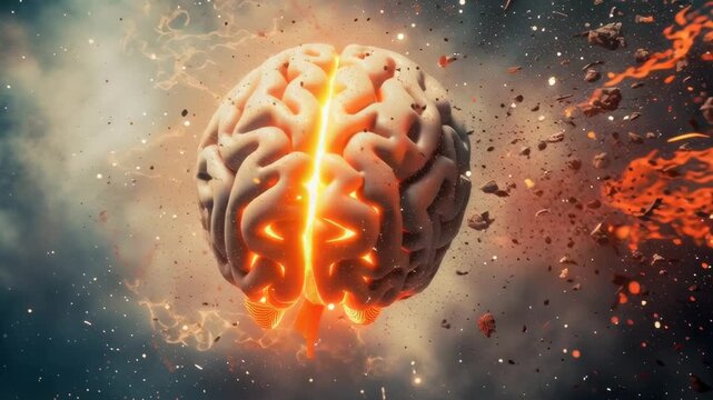 A brain is exploding with fire and debris. The brain is surrounded by a cloud of smoke and the fire is spreading rapidly. The scene is chaotic and intense