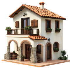 Charming Mediterranean House with Balcony and Terracotta Roof isolated on transparent background cutout