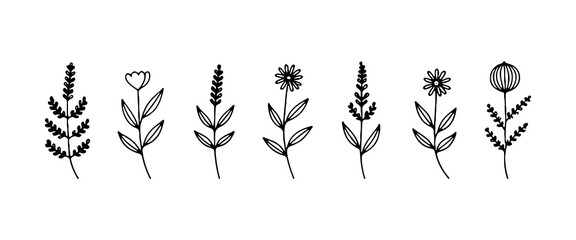 Vertical Floral Elements Set. A collection of vertical floral illustrations with stylized blossoms and elegant line work.