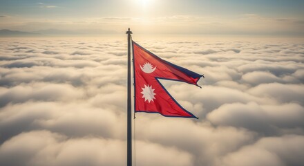 Nepal National Flag Waving on Tall Flagpole in Sky with Clouds – Nepal Independence Day Celebration, Patriotism, Freedom, Nepal Culture & Heritage