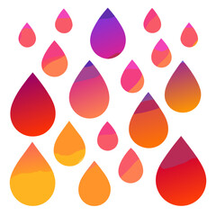Vibrant gradient water drops in various sizes arranged in a scattered pattern isolated on white background isolated on transparent background silhouette