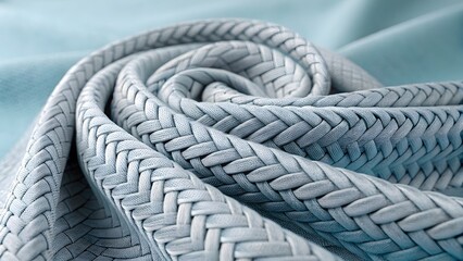 Close up of a tightly woven textured fabric with a braided pattern in light blue and grey tones