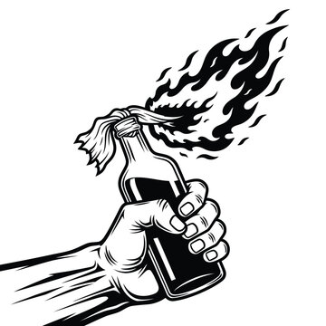 Vector art of hand holding a molotov cocktail with flames isolated on white background