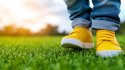 Child's Yellow Sneakers on Green Grass at Sunset