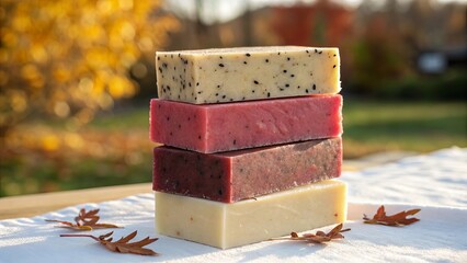 Stack of natural handmade soaps with autumn leaves outdoors
