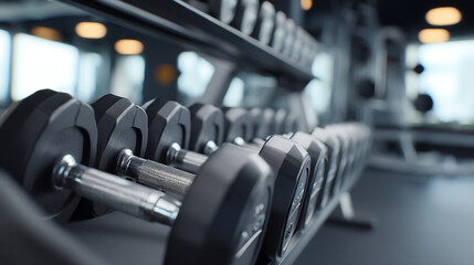 A close up shot of dumbbells neatly arranged on a rack in a gym with blurred background lights visible