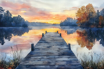 Watercolor painting of a wooden dock extending into a calm lake at sunset with trees in background