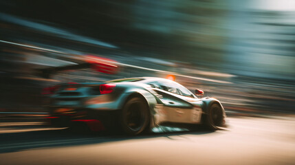 A race car speeding on a track with motion blur and a blurred background during a race event today