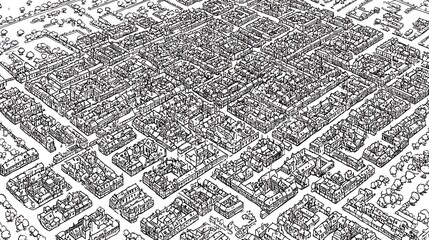 Obraz premium Hand-drawn city aerial view shows dense urban landscape. Outlined illustration for mapping, editorial, backgrounds, design. Black and white street grid, buildings.