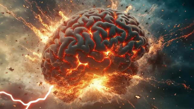 A brain is exploding in a fiery explosion. The brain is surrounded by a cloud of smoke and debris. The explosion is so powerful that it has created a new brain