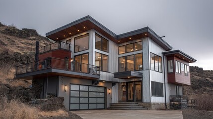Fototapeta premium Modern luxury mountain home, contemporary architectural villa with glass walls, sleek residential property design, upscale cliffside real estate exterior