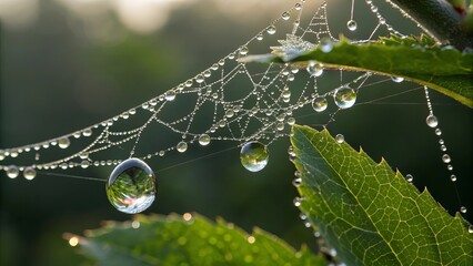 Dewdrops adorning a delicate spiderweb on green leaves