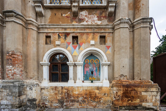 Moscow, Russia, August 3, 2025. Restoration of the Simonov Dormition Monastery &mdash; a monastery founded in the 14th century by Saint Fyodor. An icon on the facade.
