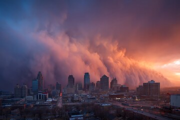 Obraz premium Dramatic sky over city skyline with vibrant colors at sunset or sunrise