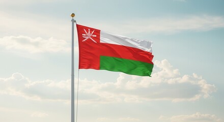 Oman National Flag Waving on Tall Flagpole in Sky with Clouds – Oman Independence Day Celebration, Patriotism, Freedom, Omani Culture & Heritage