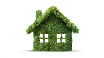 A house structure created entirely from vibrant green leaves showcases the concept of sustainable living. This design emphasizes eco-friendliness and nature integration in architecture.