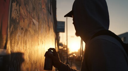 Medium shot of a concentrated pasteup artist holding spray adhesive as early morning winds slightly ripple the posters behind emphasizing the careful effort in street art