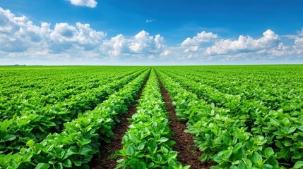 Lush fields stretch toward the horizon, filled with green crops arranged in neat rows. Fluffy clouds drift above in the clear blue sky, indicating a sunny day.