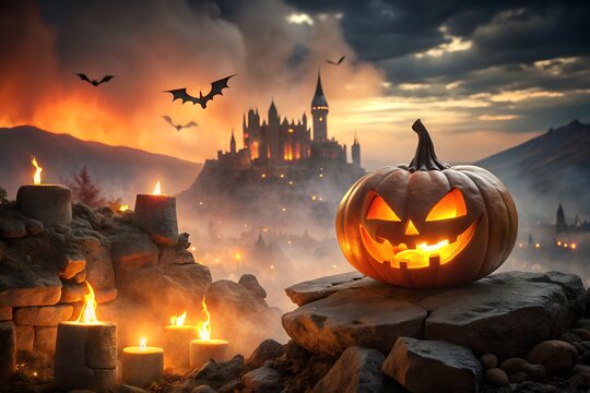 Spooky halloween scene with pumpkin, candles, bats, and castle on a mountain at dusk with orange sky