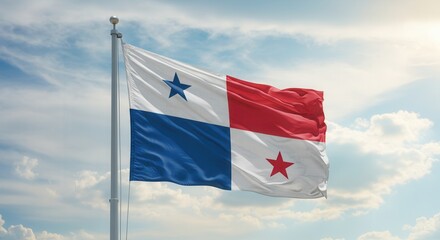 Panama National Flag Waving on Tall Flagpole in Sky with Clouds – Panama Independence Day Celebration, Patriotism, Freedom, Panama Culture & Heritage