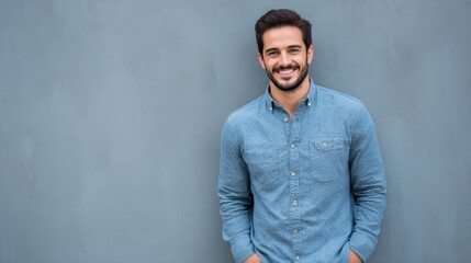 Obraz premium portrait of a handsome man smiling against grey background with copy space smiling latin guy with hands in pocket in blue shirt standing and leaning on wall successful hispanic man looking at camera 