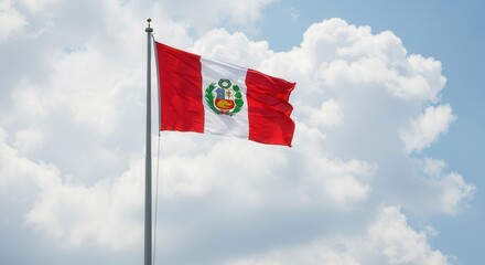 Peru National Flag Waving on Tall Flagpole in Sky with Clouds – Peru Independence Day Celebration, Patriotism, Freedom, Peru Culture & Heritage
