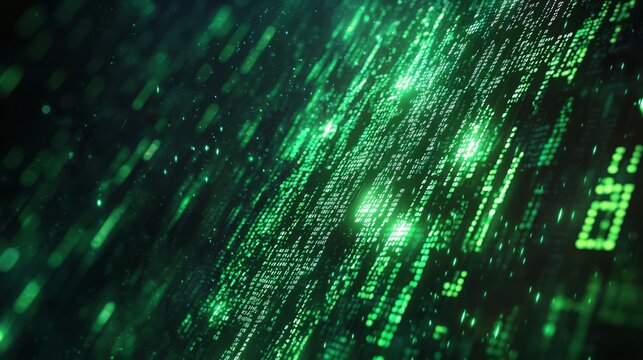 A neon green digital matrix code falling against a dark background