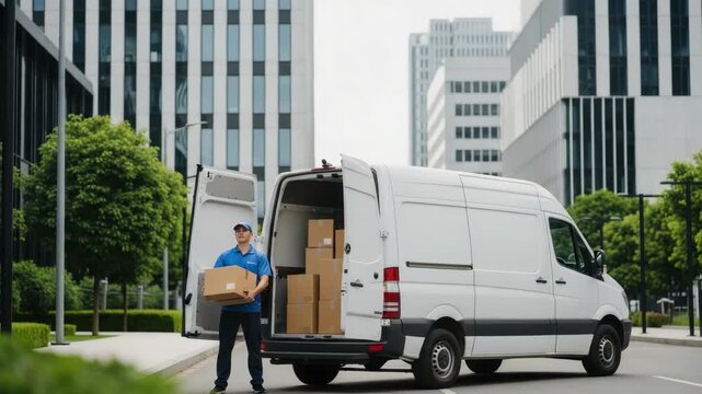 Delivery person unloading boxes from a white van on a city street surrounded by modern buildings and greenery showcasing urban logistics and efficient delivery services