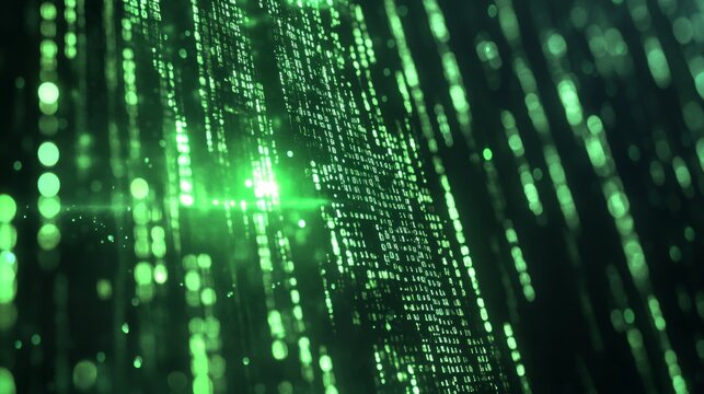 A neon green digital matrix code falling against a dark background