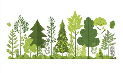 A modern landscape design featuring wooden elements is set amidst a vibrant green forest, replete with diverse trees and bushes, including firs, birches, pines, and oaks, on a blurred green foliage