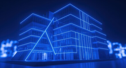 Innovative architectural visualization glowing in electric blue tones.