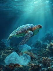 Fototapeta premium lonely sea turtle swimming with plastic bag waste in warm tropical sea waters in coral reefs beauty in nature ocean pollution marine pollutionplastic pollution and no plastic ecology concept image